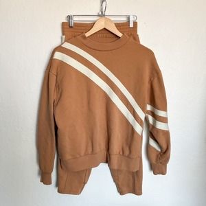 Wesley Sweatshirt Sweatpants Jogger 2 PC Set Stripe XS Tan Camel Lounge Comfy
